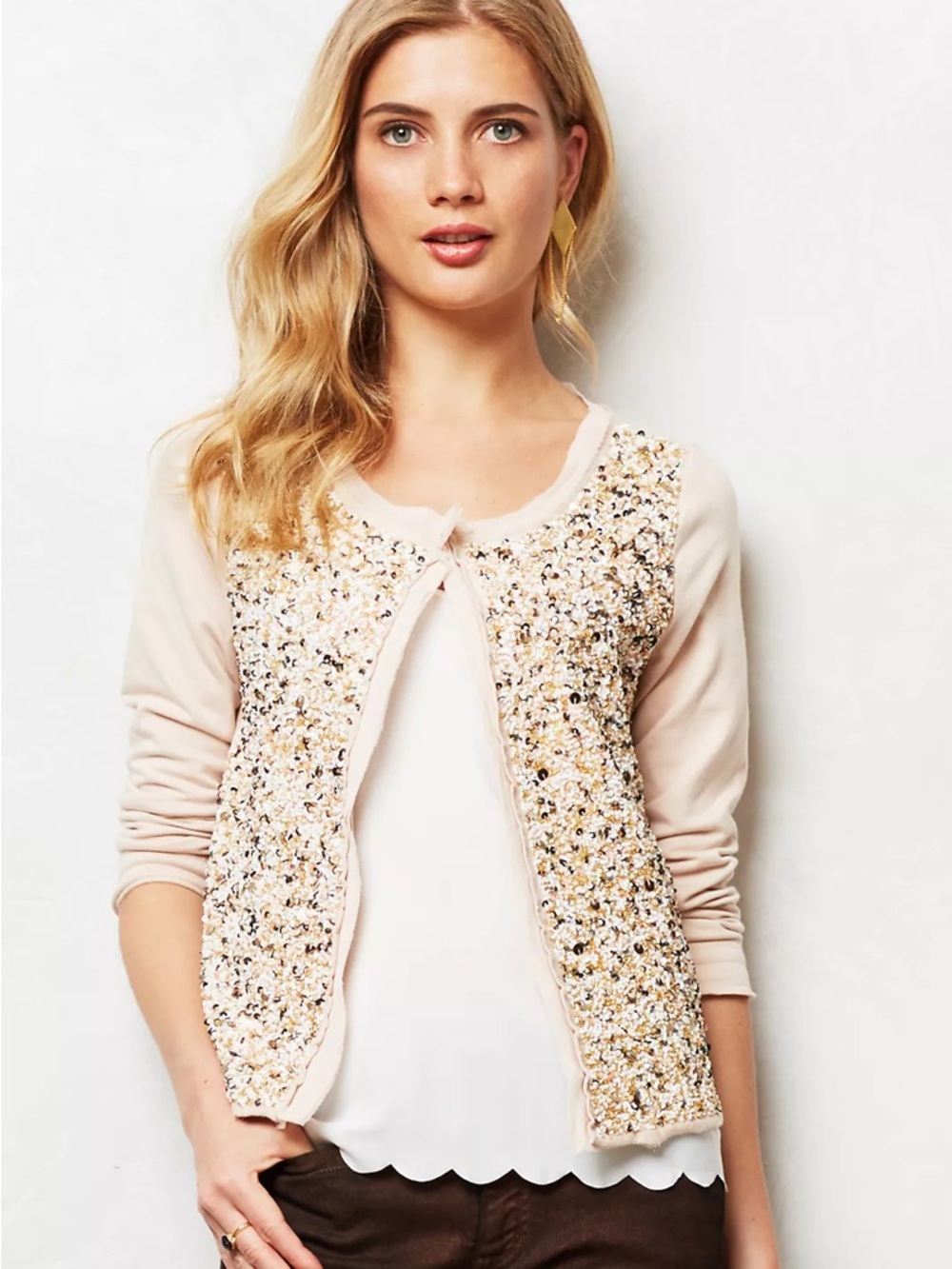 Anthropologie postmark paillette Sequin-Front Light Pink Womens Cardigan Sweater